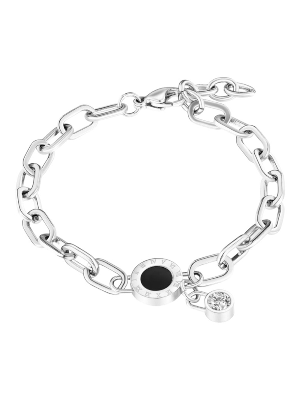 Stainless Steel Roman Numeral Bracelet Black Enamel CZ Charm Waterproof - Picture 2 of 6